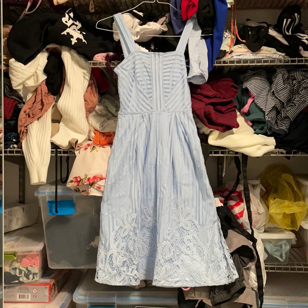 Worn once. Flowy, form fitting. Nice non faded shade of blue. Lacing Satin under